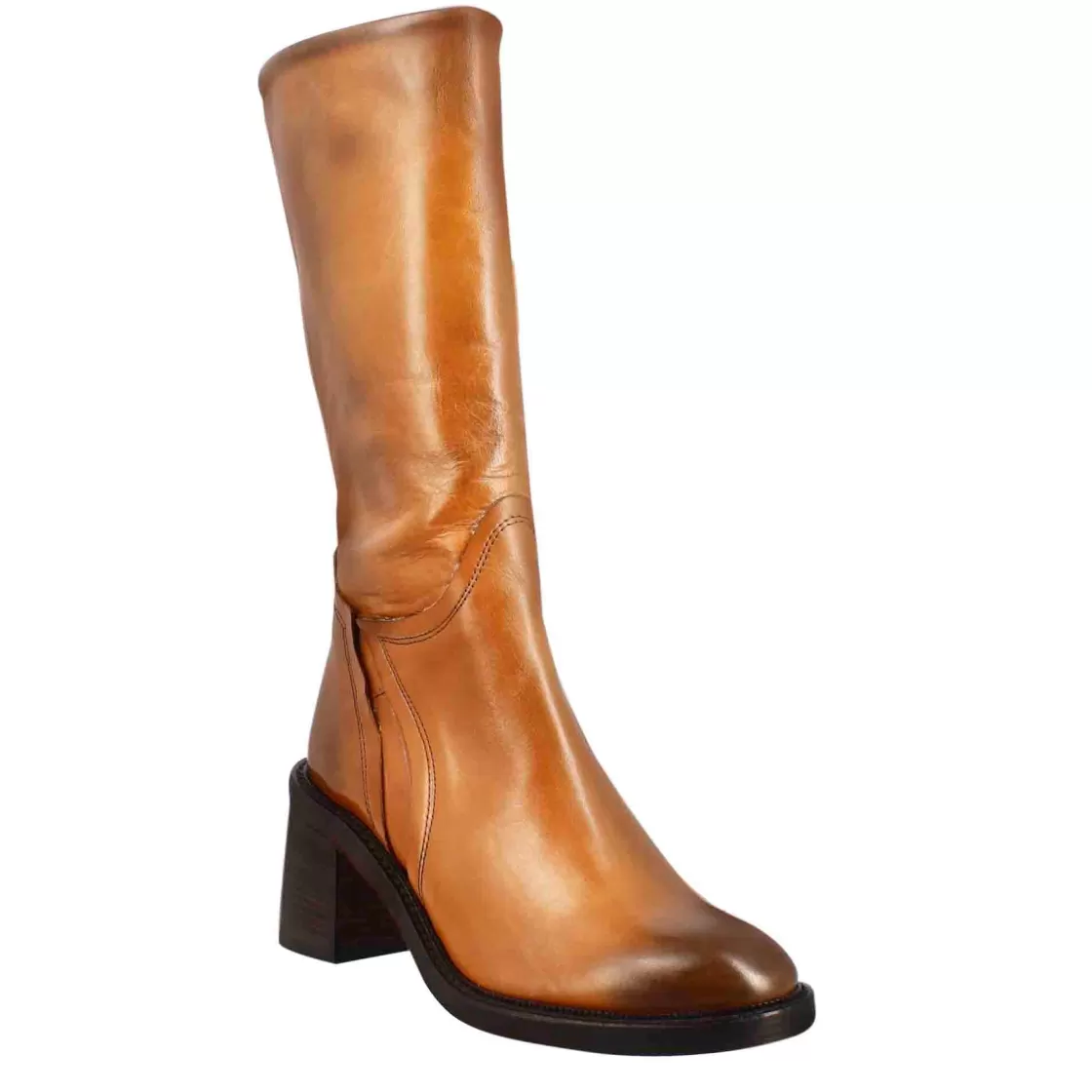 Best Sale Leonardo Shoes Stivale Diver Altezza Polpaccio Da Donna Con Tacco In Pelle Lavata Colore Cuoio Scuro Marrone