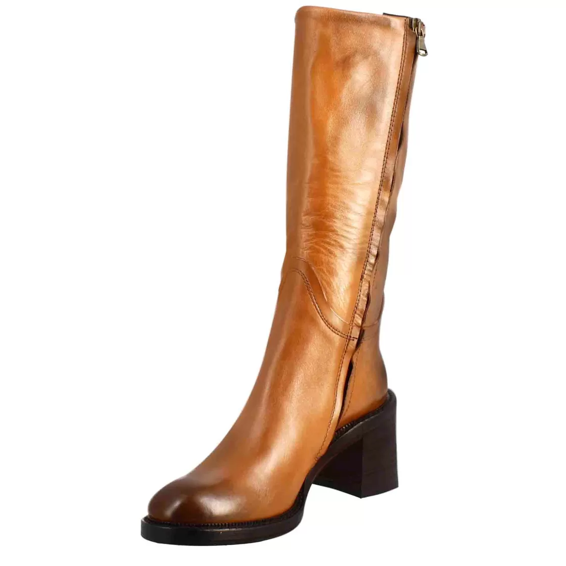 Best Sale Leonardo Shoes Stivale Diver Altezza Polpaccio Da Donna Con Tacco In Pelle Lavata Colore Cuoio Scuro Marrone