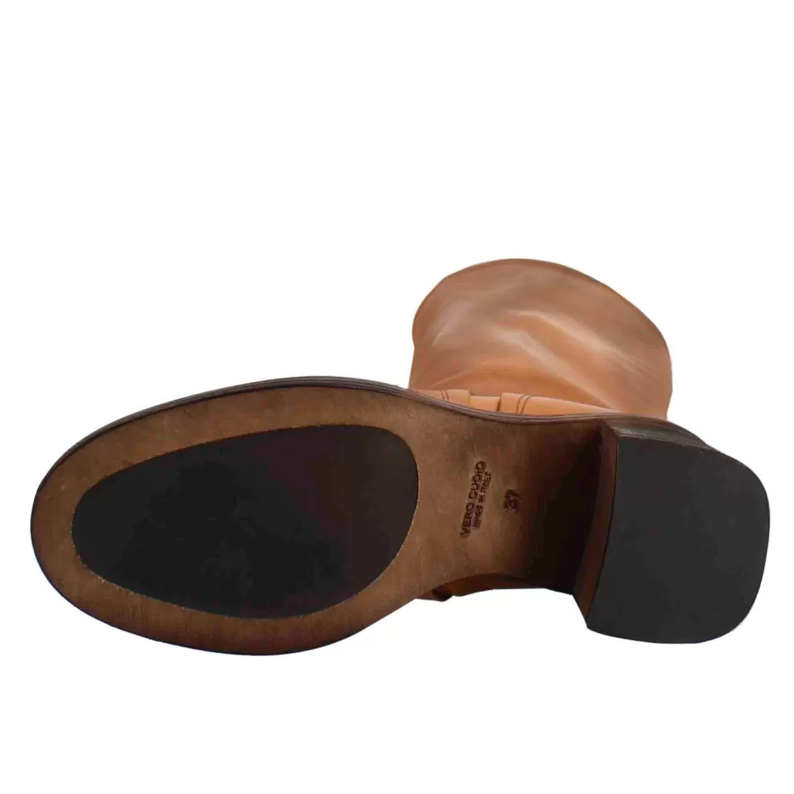 Best Sale Leonardo Shoes Stivale Diver Altezza Polpaccio Da Donna Con Tacco In Pelle Lavata Colore Cuoio Scuro Marrone