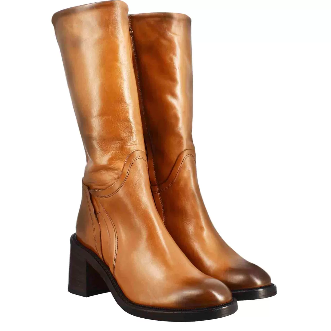 Best Sale Leonardo Shoes Stivale Diver Altezza Polpaccio Da Donna Con Tacco In Pelle Lavata Colore Cuoio Scuro Marrone