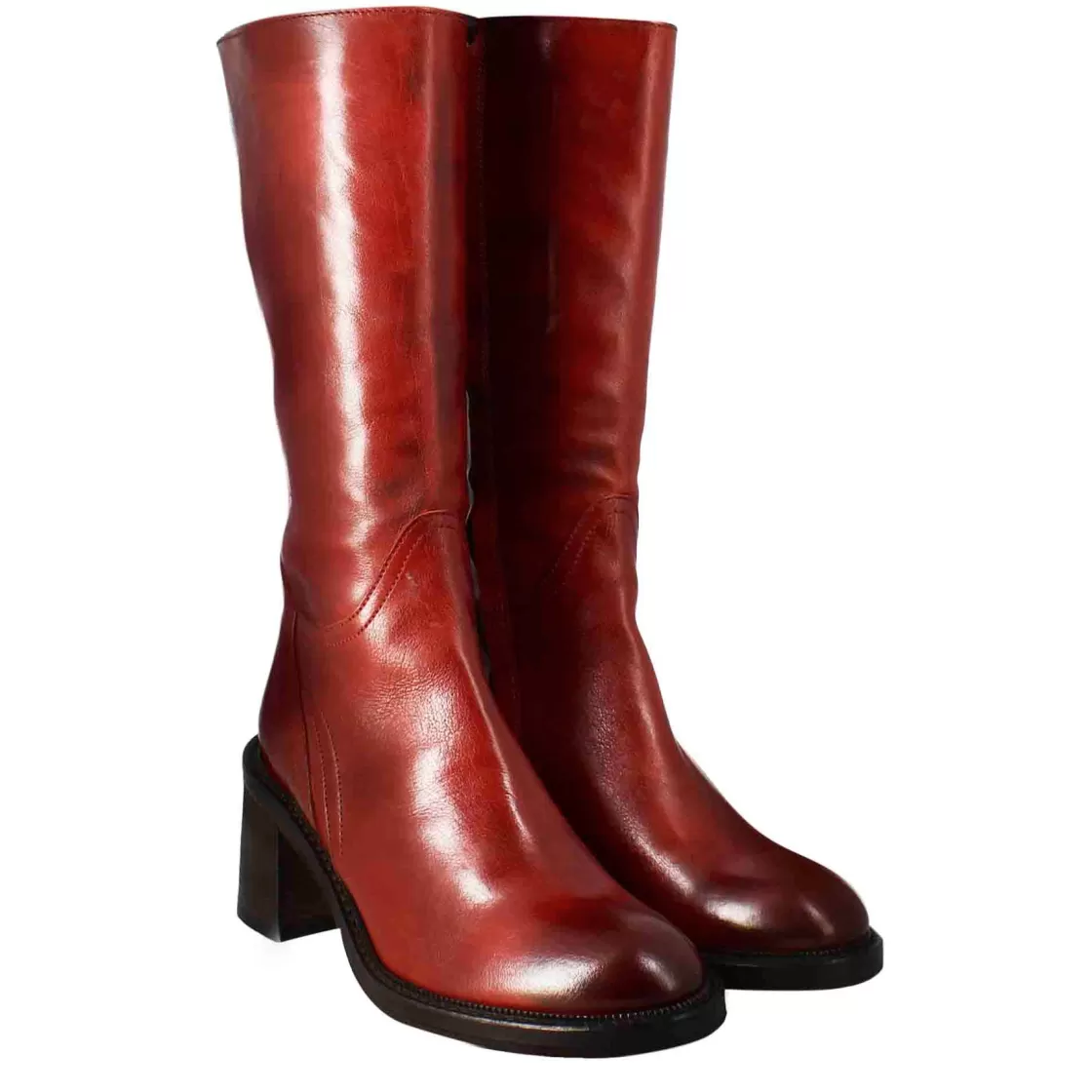 Store Leonardo Shoes Stivale Diver Altezza Polpaccio Da Donna Con Tacco In Pelle Lavata Colore Rosso