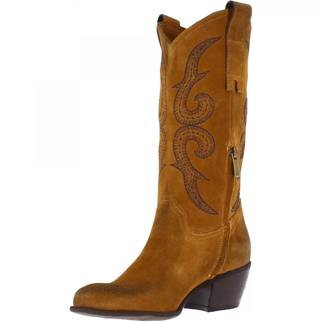 Outlet Leonardo Shoes Stivaletti Texani Da Donna Fatti A Mano In Pelle Di Camoscio Cuoio Con Cerniera Marrone