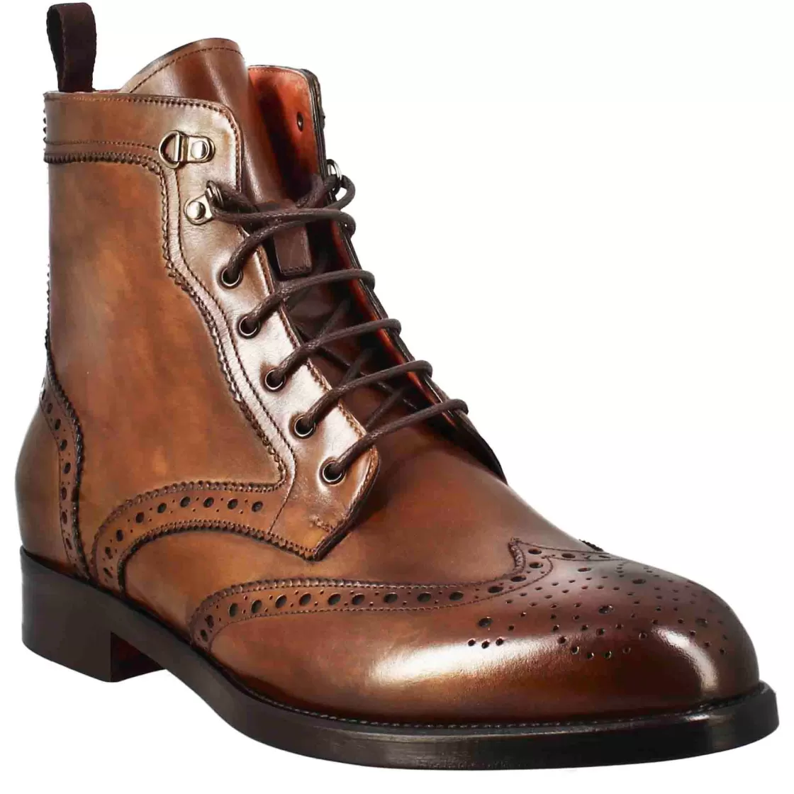 New Leonardo Shoes Stivaletto Anfibio Alto Con Lavorazione Brogue Da Uomo In Pelle Colore Cuoio Marrone
