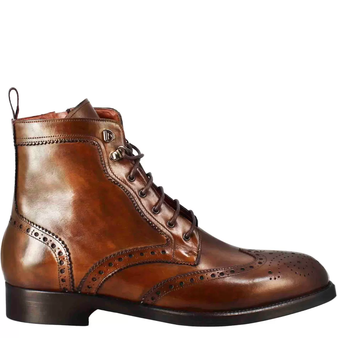 New Leonardo Shoes Stivaletto Anfibio Alto Con Lavorazione Brogue Da Uomo In Pelle Colore Cuoio Marrone