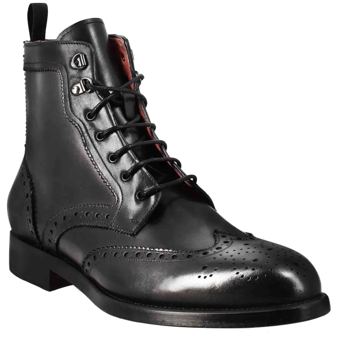Clearance Leonardo Shoes Stivaletto Anfibio Alto Con Lavorazione Brogue Da Uomo In Pelle Colore Nero