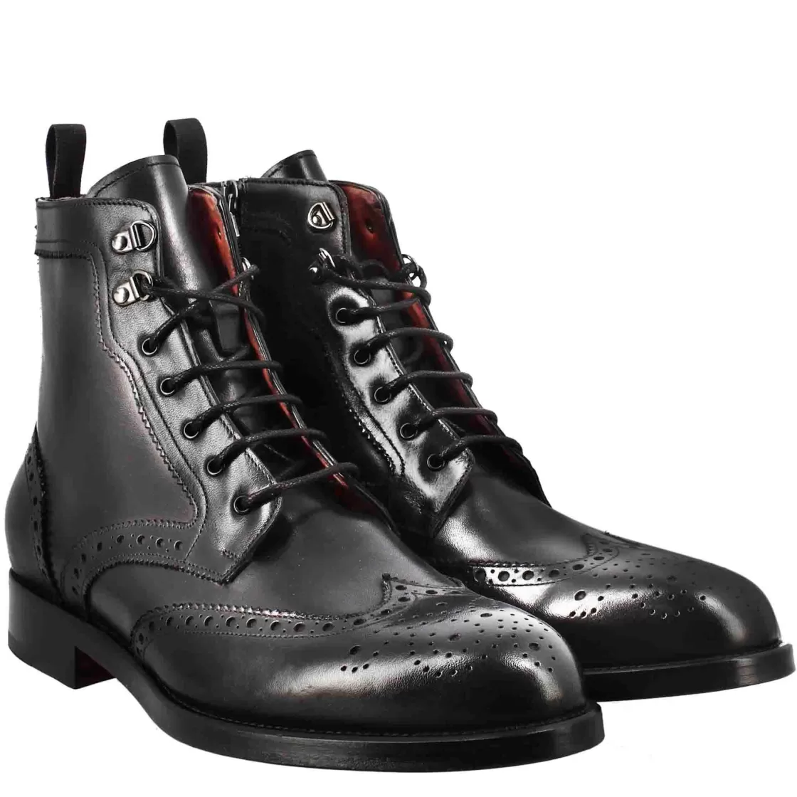 Clearance Leonardo Shoes Stivaletto Anfibio Alto Con Lavorazione Brogue Da Uomo In Pelle Colore Nero