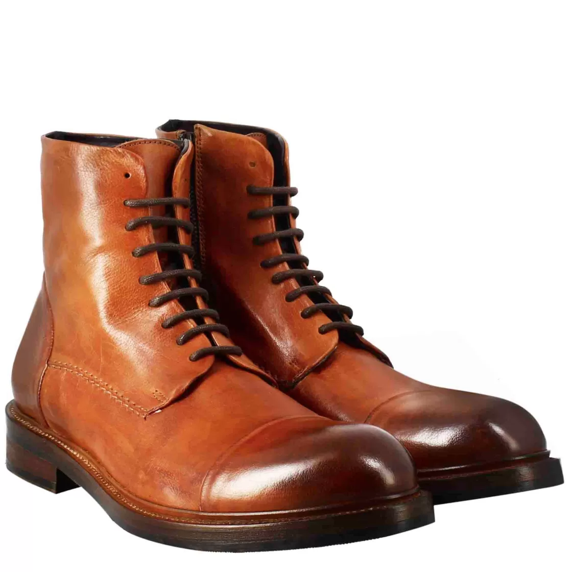 Online Leonardo Shoes Stivaletto Anfibio Alto Diver Da Uomo In Pelle Lavata Colore Cuoio Marrone