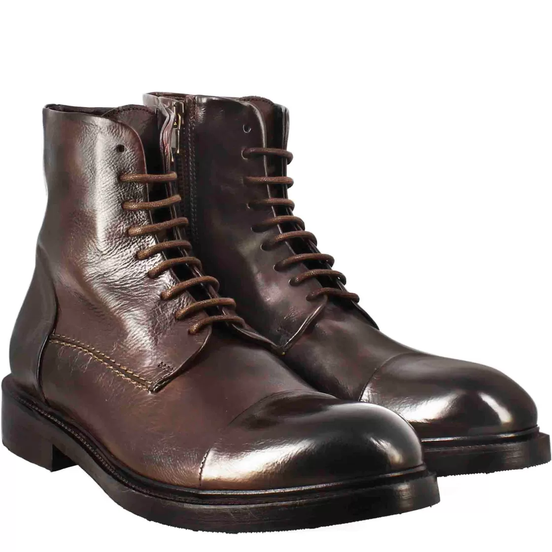 Store Leonardo Shoes Stivaletto Anfibio Alto Diver Da Uomo In Pelle Lavata Colore Testa Di Moro Marrone