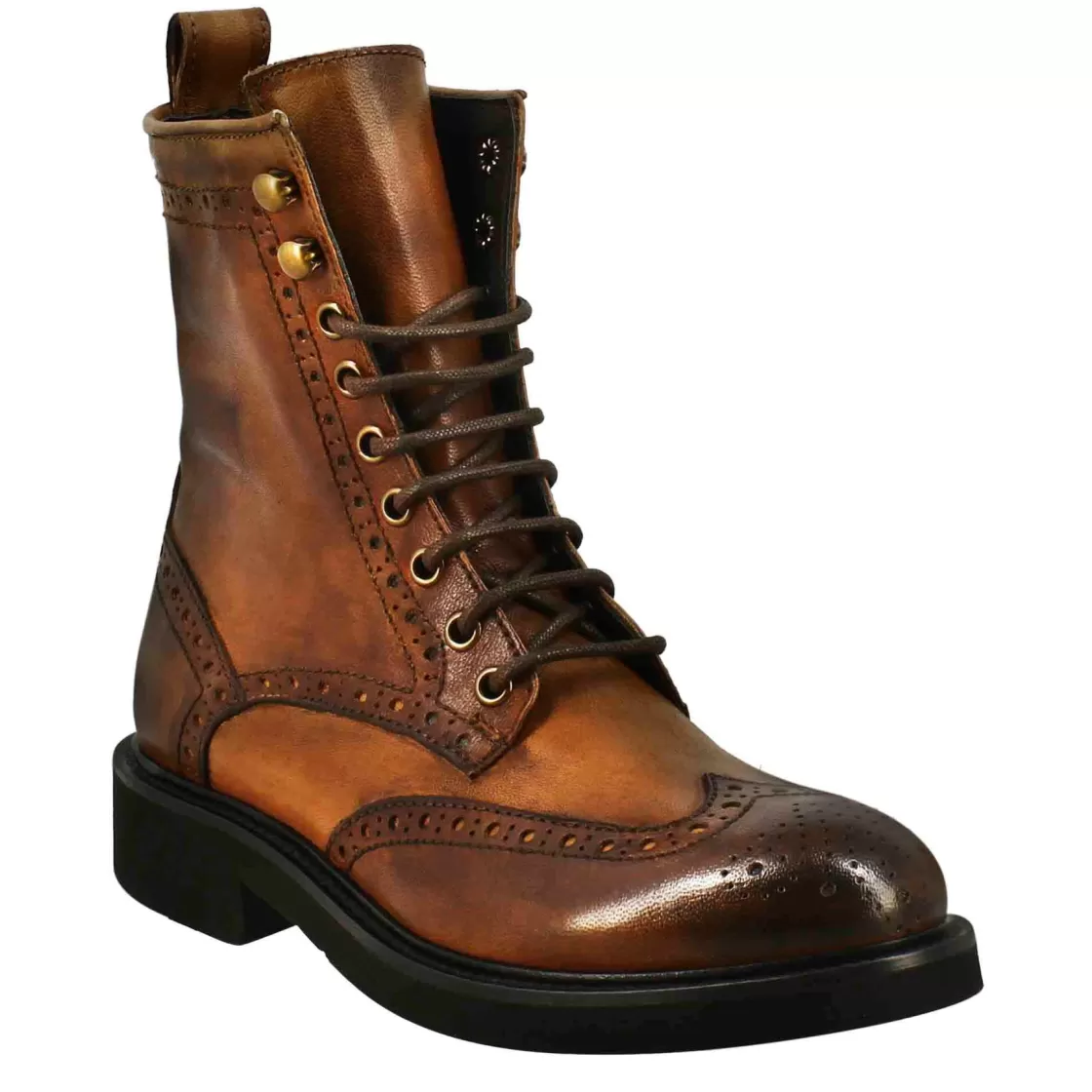 Shop Leonardo Shoes Stivaletto Anfibio Da Donna Con Dettagli Brogue In Pelle Lavata Colore Cuoio Scuro Marrone