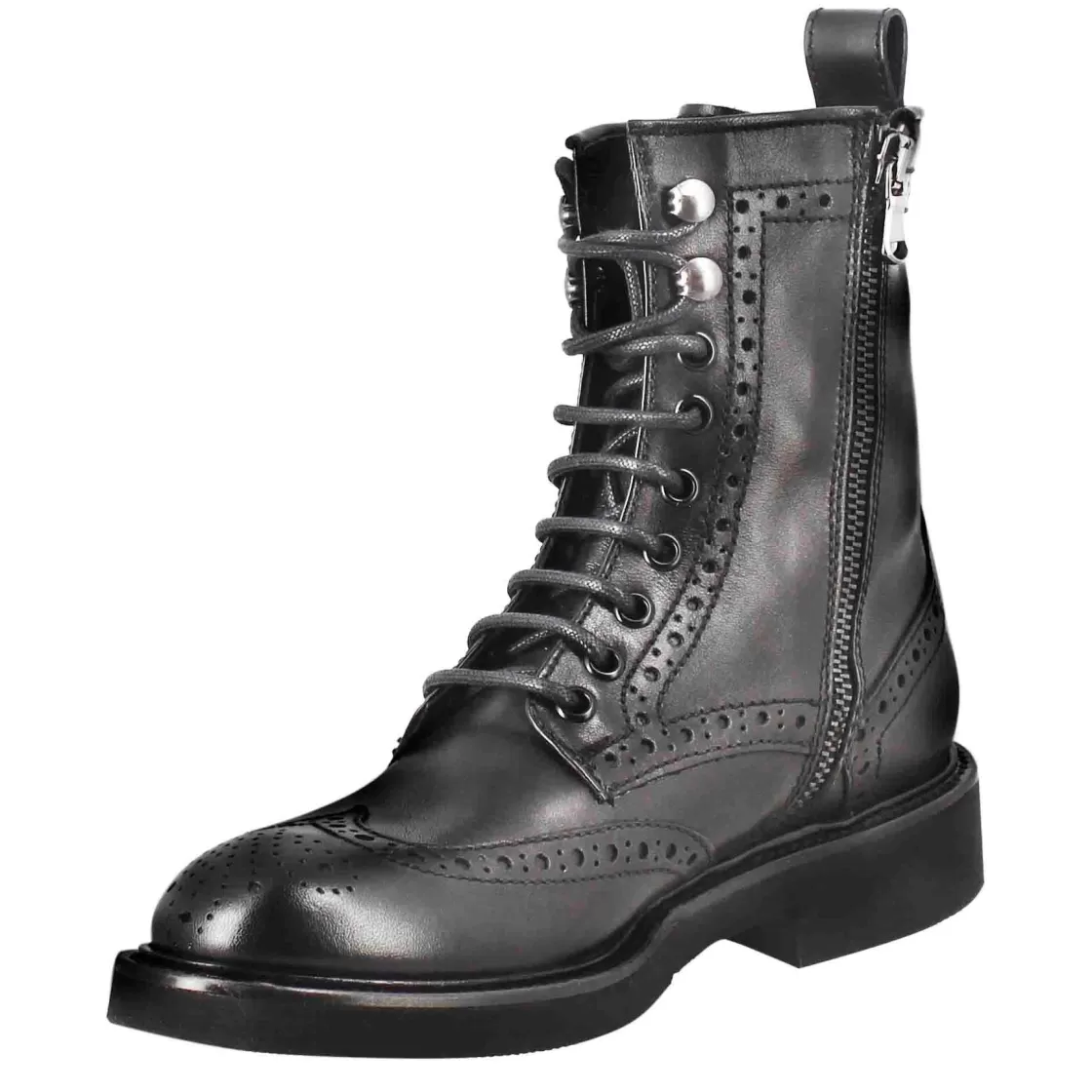Store Leonardo Shoes Stivaletto Anfibio Da Donna Con Dettagli Brogue Paupa In Pelle Lavata Colore Nero