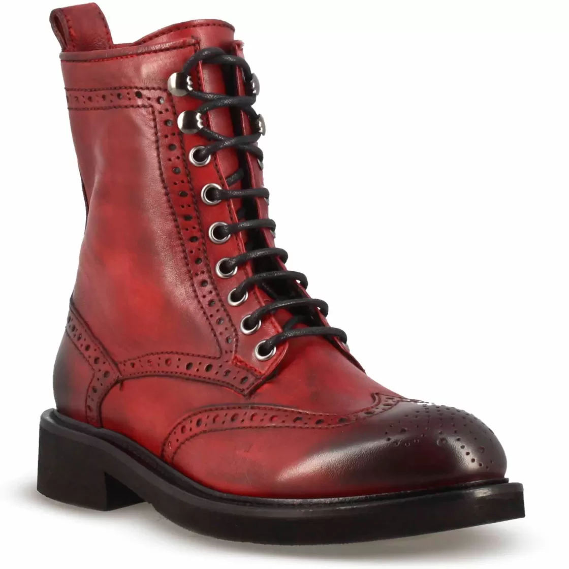 Sale Leonardo Shoes Stivaletto Anfibio Da Donna In Pelle Rossa Con Dettagli Brogue Rosso