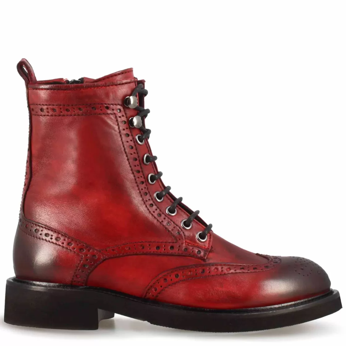 Sale Leonardo Shoes Stivaletto Anfibio Da Donna In Pelle Rossa Con Dettagli Brogue Rosso