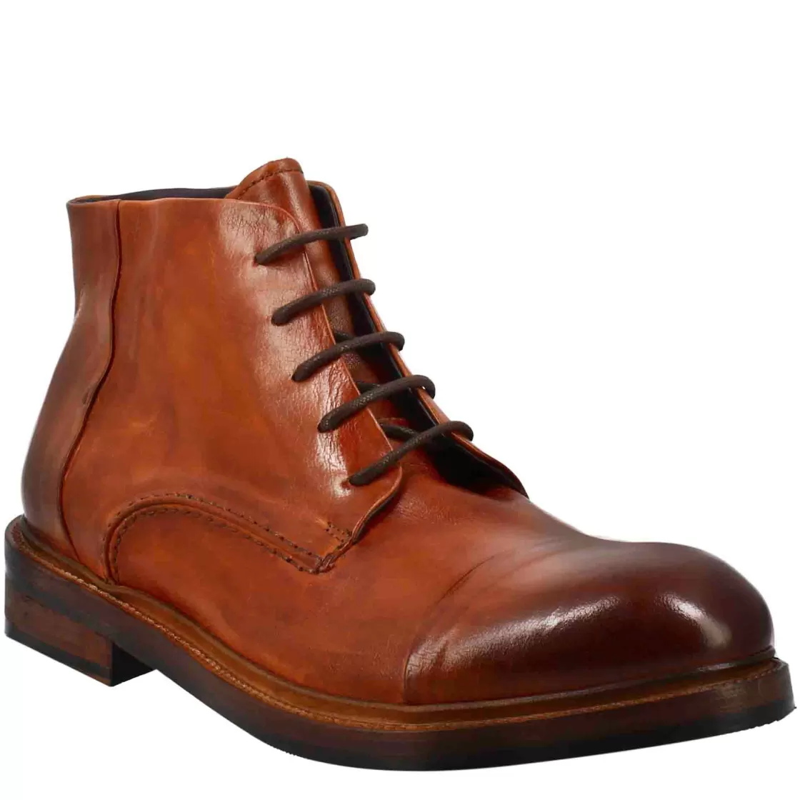 New Leonardo Shoes Stivaletto Anfibio Medio Diver Da Uomo In Pelle Lavata Colore Cuoio Marrone