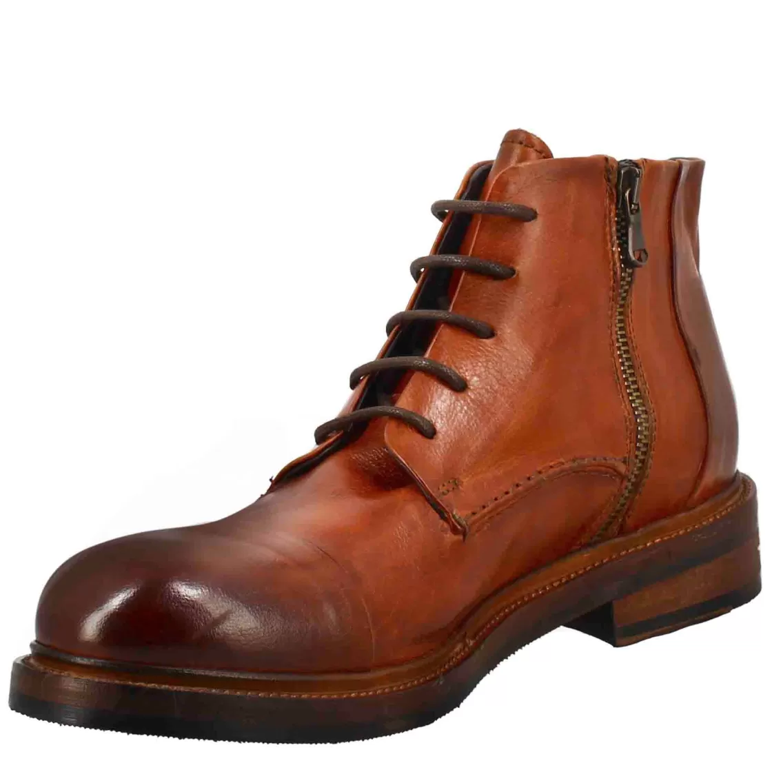New Leonardo Shoes Stivaletto Anfibio Medio Diver Da Uomo In Pelle Lavata Colore Cuoio Marrone