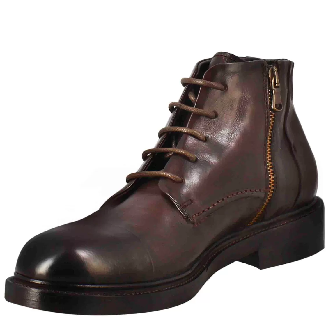 Shop Leonardo Shoes Stivaletto Anfibio Medio Diver Da Uomo In Pelle Lavata Colore Testa Di Moro Marrone