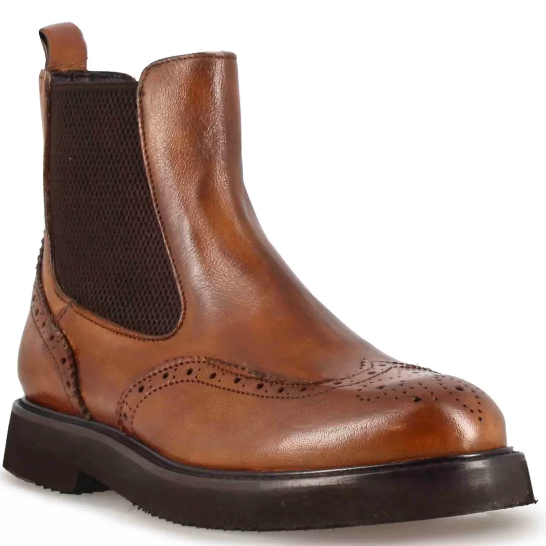 Shop Leonardo Shoes Stivaletto Chelsea Brogue Da Donna In Vera Pelle Colore Marrone