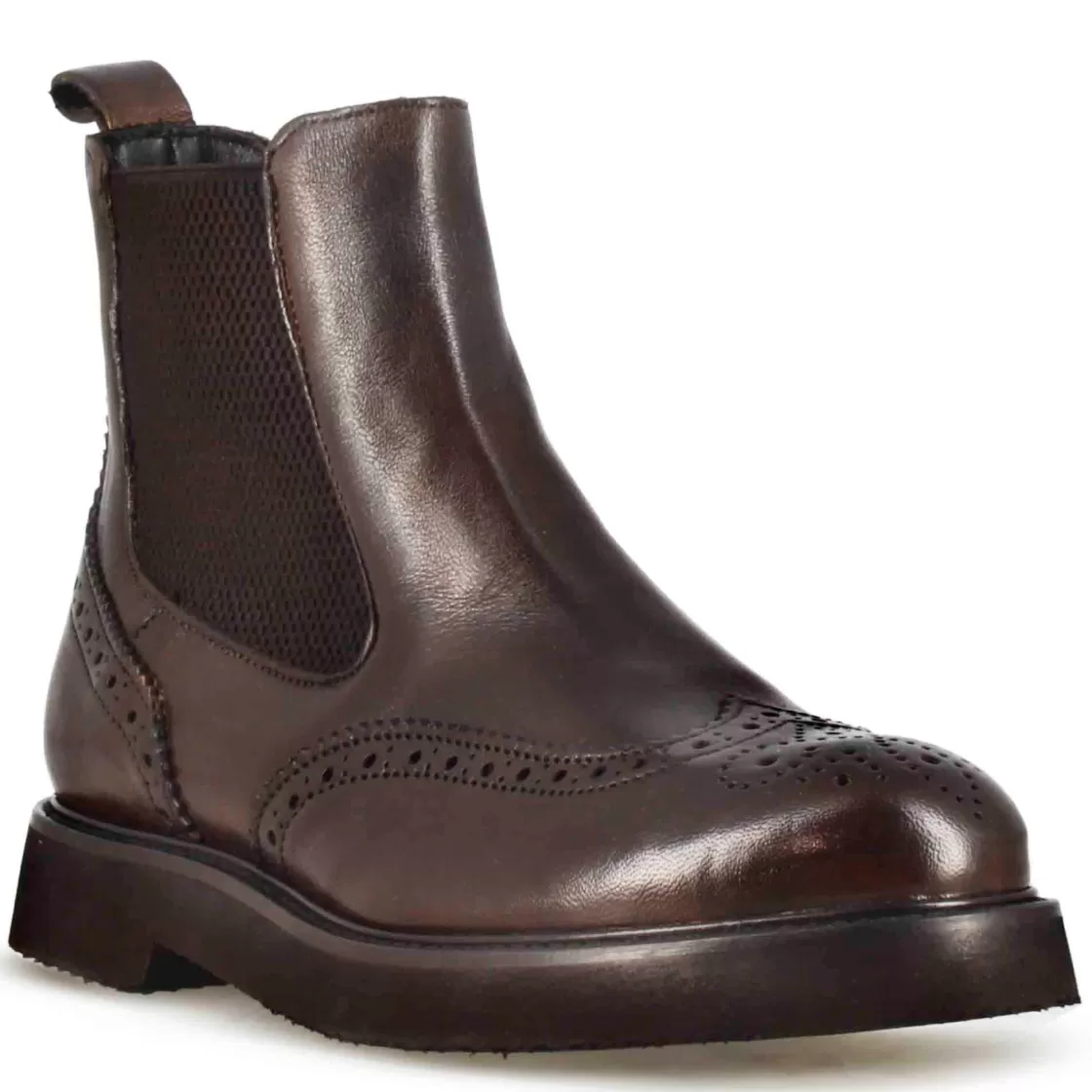 Outlet Leonardo Shoes Stivaletto Chelsea Brogue Da Donna In Vera Pelle Colore Marrone Scuro