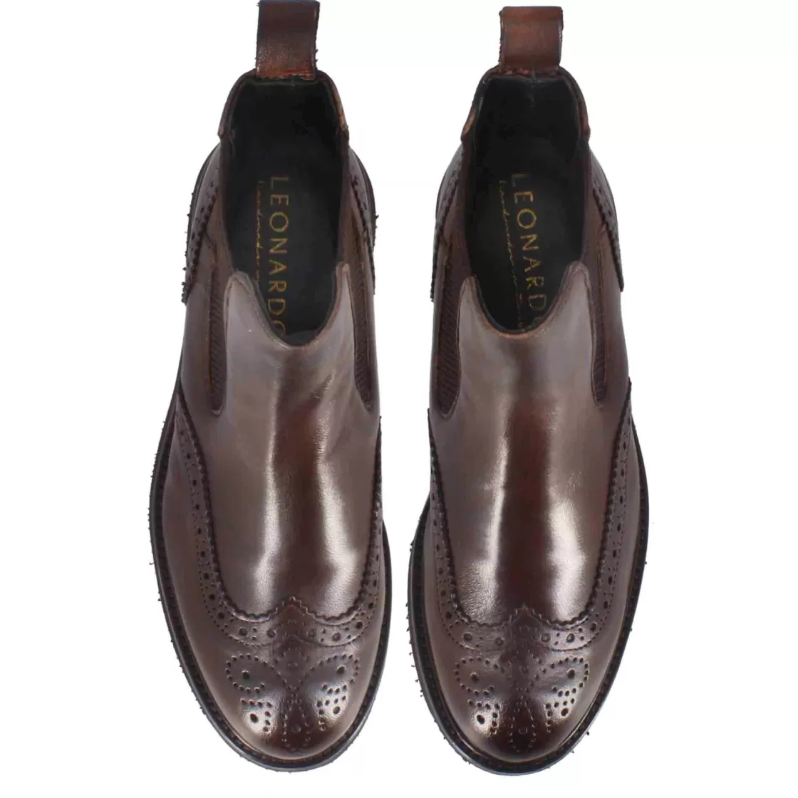 Outlet Leonardo Shoes Stivaletto Chelsea Brogue Da Donna In Vera Pelle Colore Marrone Scuro