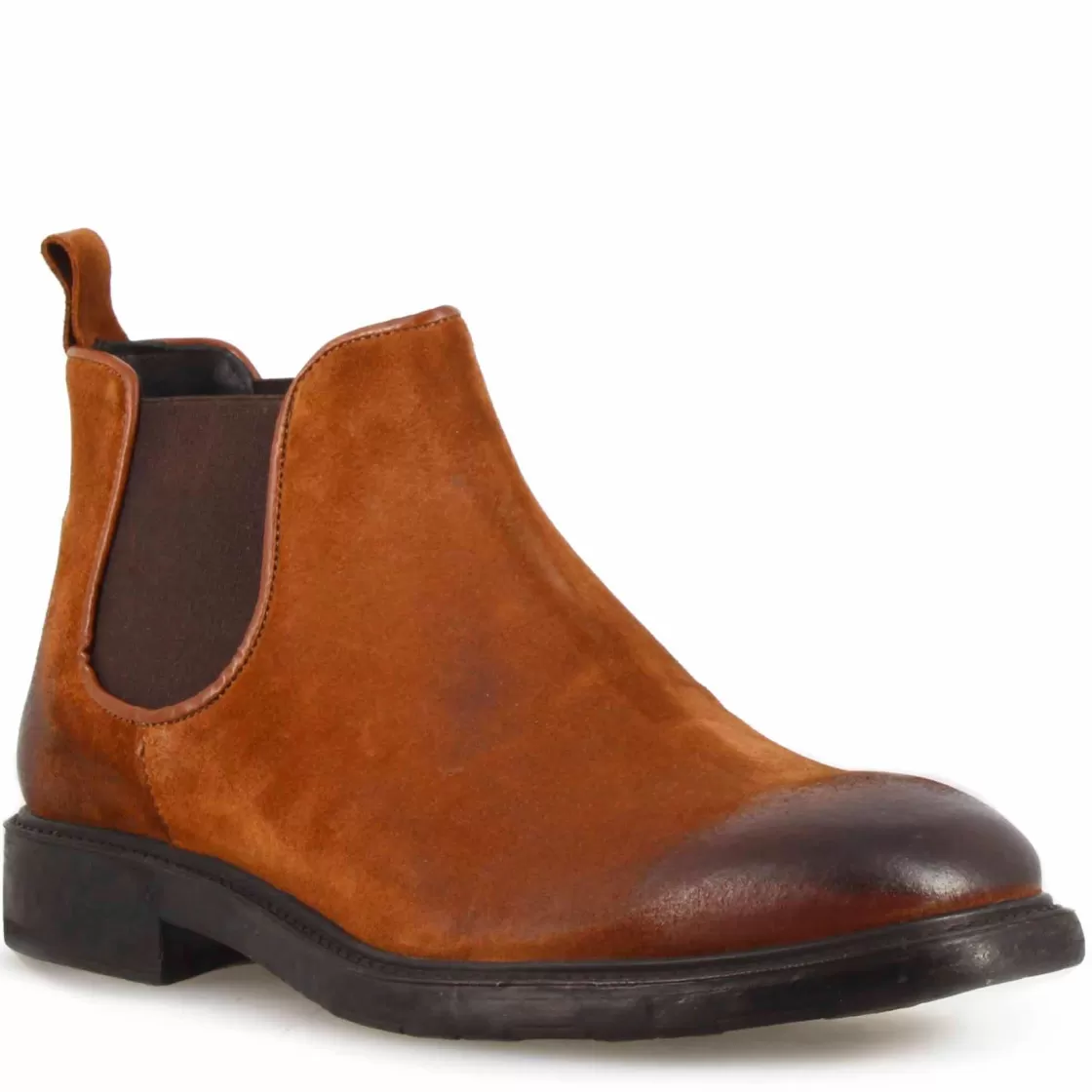 Best Sale Leonardo Shoes Stivaletto Chelsea Da Uomo In Vera Pelle Scamosciata Effetto Vintage Marrone