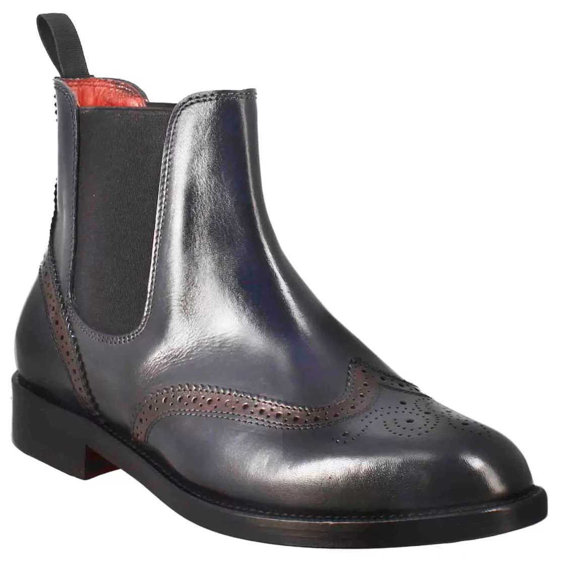 Outlet Leonardo Shoes Stivaletto Da Donna Chelsea Con Dettagli Brogue In Pelle Blu