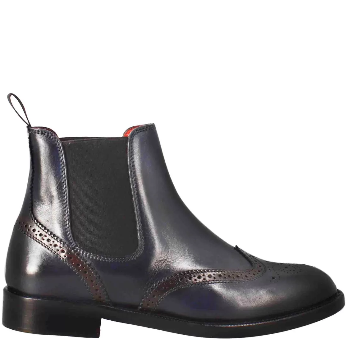 Outlet Leonardo Shoes Stivaletto Da Donna Chelsea Con Dettagli Brogue In Pelle Blu