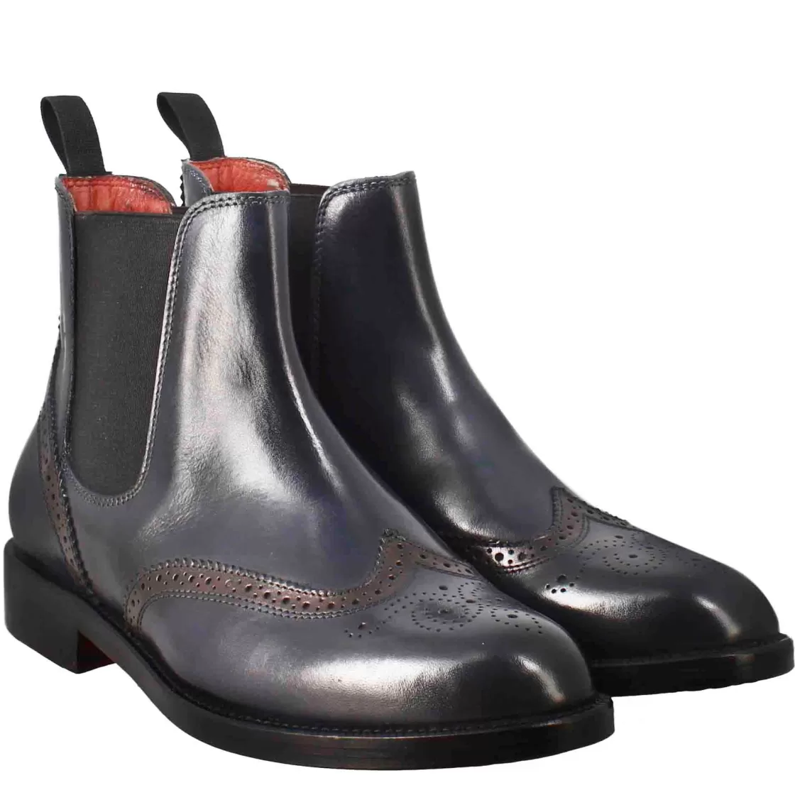 Outlet Leonardo Shoes Stivaletto Da Donna Chelsea Con Dettagli Brogue In Pelle Blu