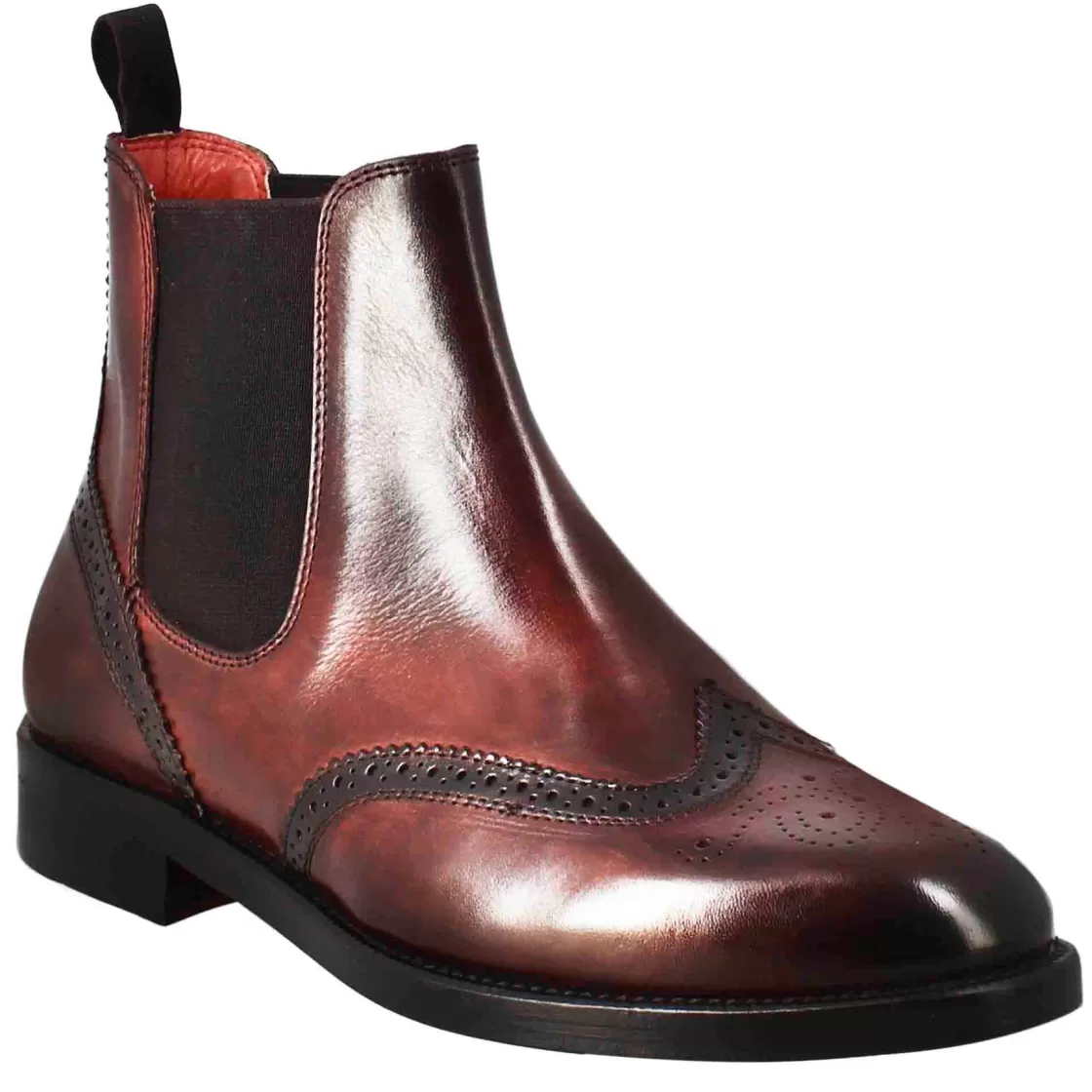Flash Sale Leonardo Shoes Stivaletto Da Donna Chelsea Con Dettagli Brogue In Pelle Bordeaux Rosso