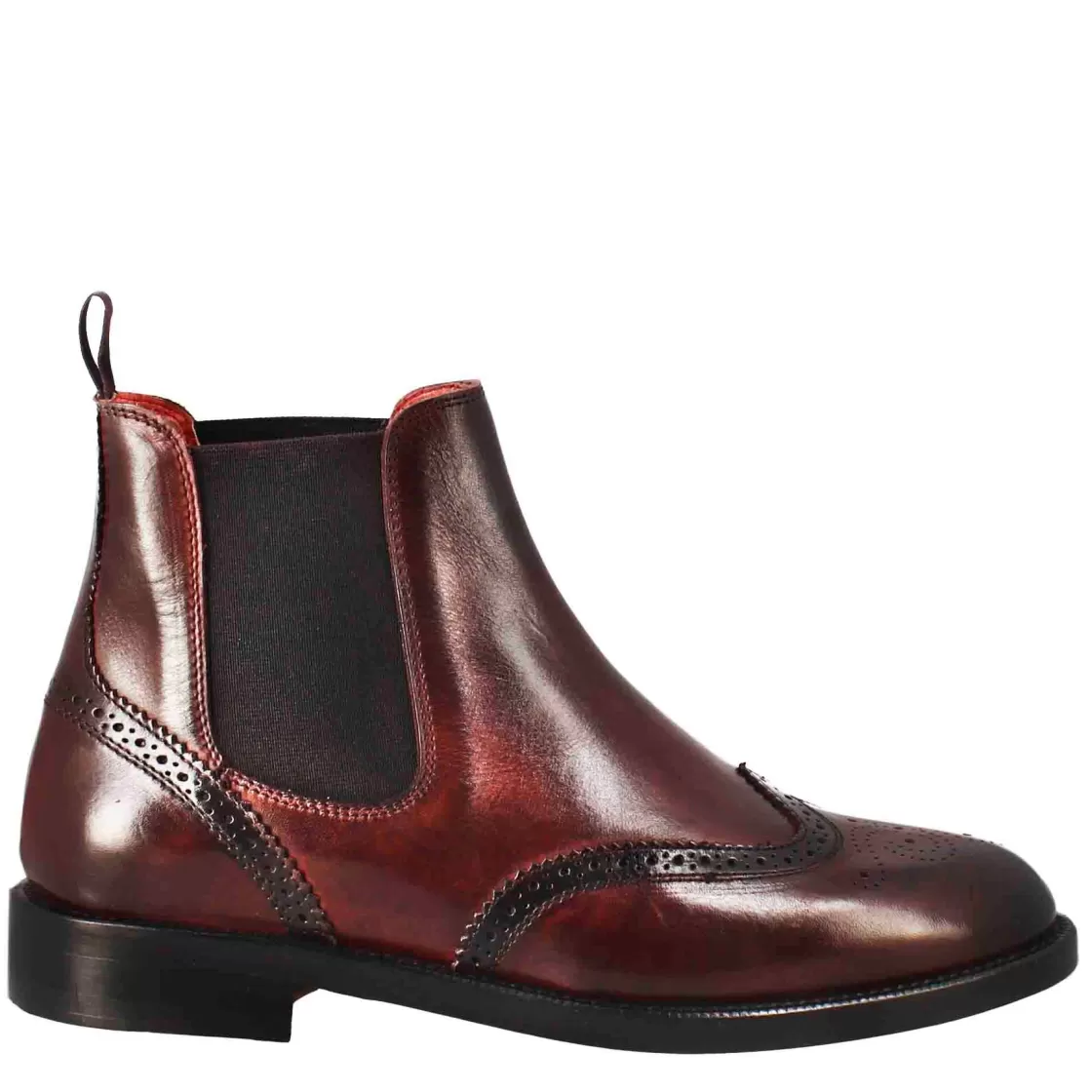 Flash Sale Leonardo Shoes Stivaletto Da Donna Chelsea Con Dettagli Brogue In Pelle Bordeaux Rosso