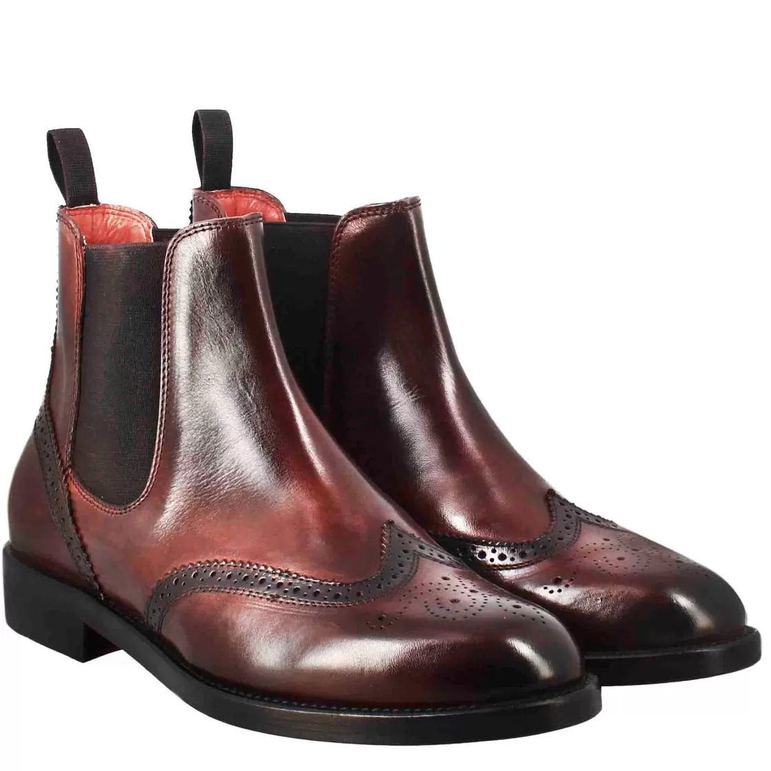 Flash Sale Leonardo Shoes Stivaletto Da Donna Chelsea Con Dettagli Brogue In Pelle Bordeaux Rosso