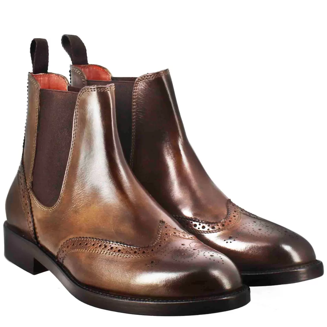 Clearance Leonardo Shoes Stivaletto Da Donna Chelsea Con Dettagli Brogue In Pelle Scuro Marrone