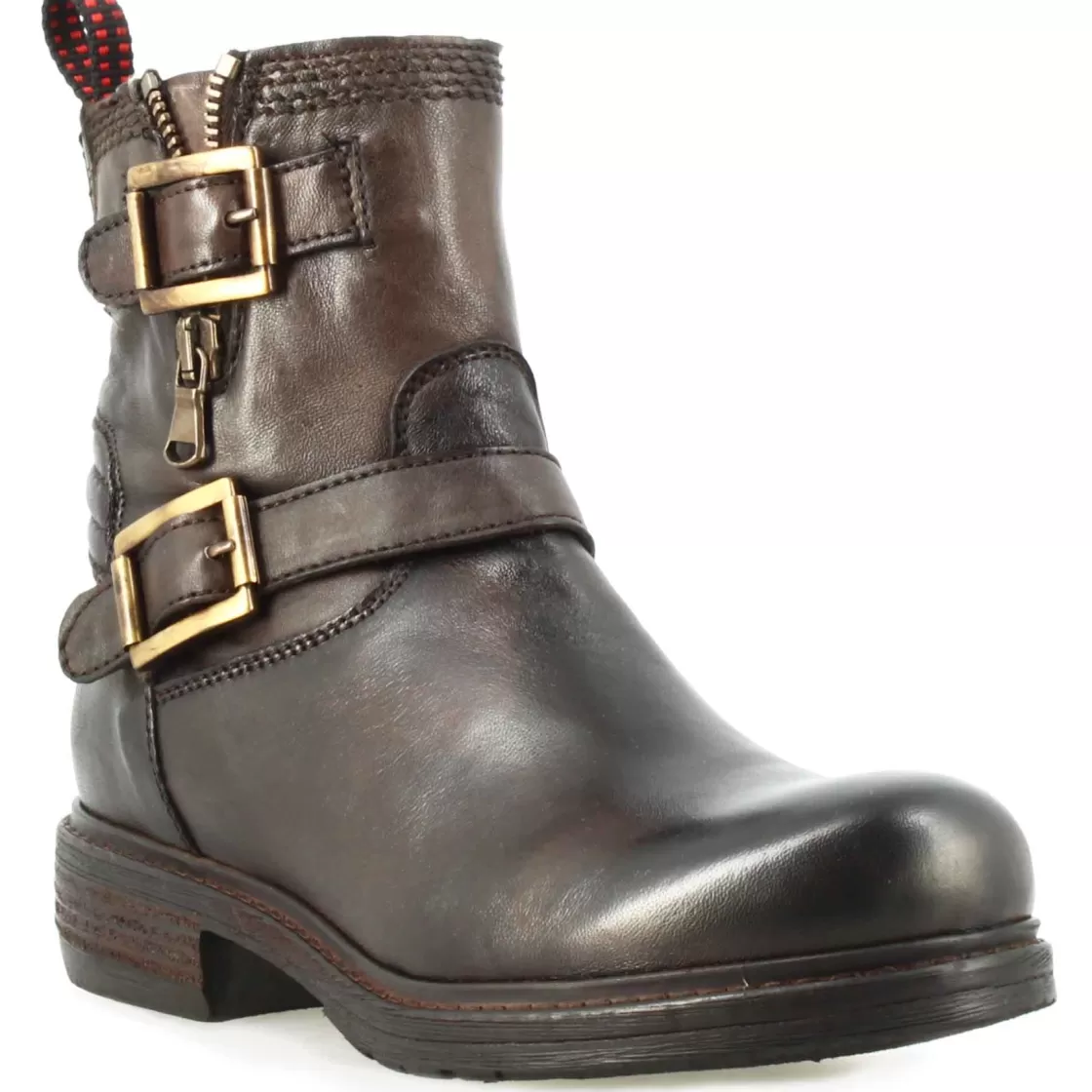 Fashion Leonardo Shoes Stivaletto Da Donna Con Doppia Fibbia In Vera Pelle Colore Marrone Scuro