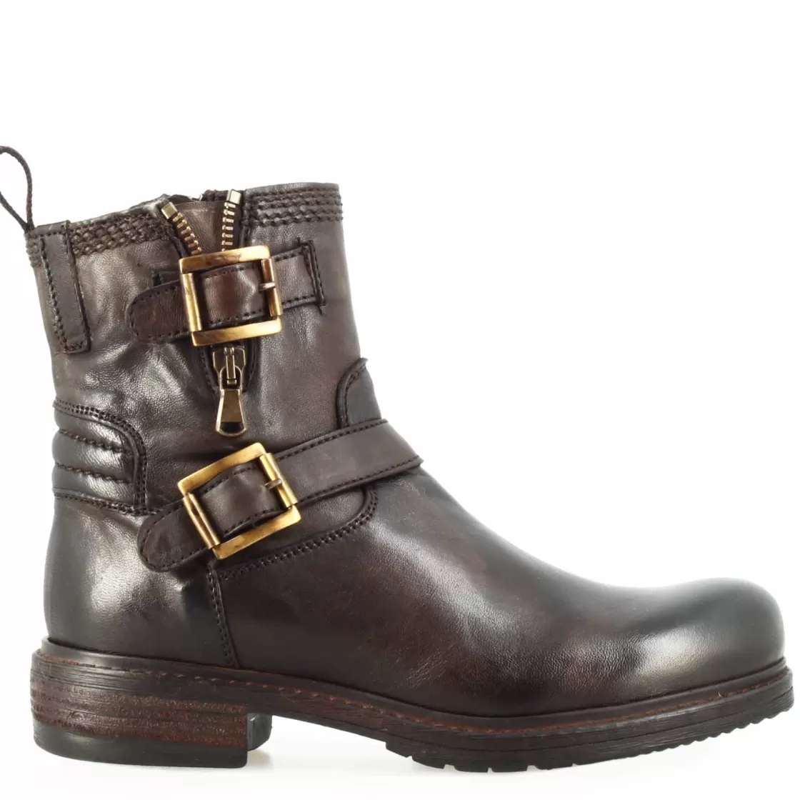 Fashion Leonardo Shoes Stivaletto Da Donna Con Doppia Fibbia In Vera Pelle Colore Marrone Scuro