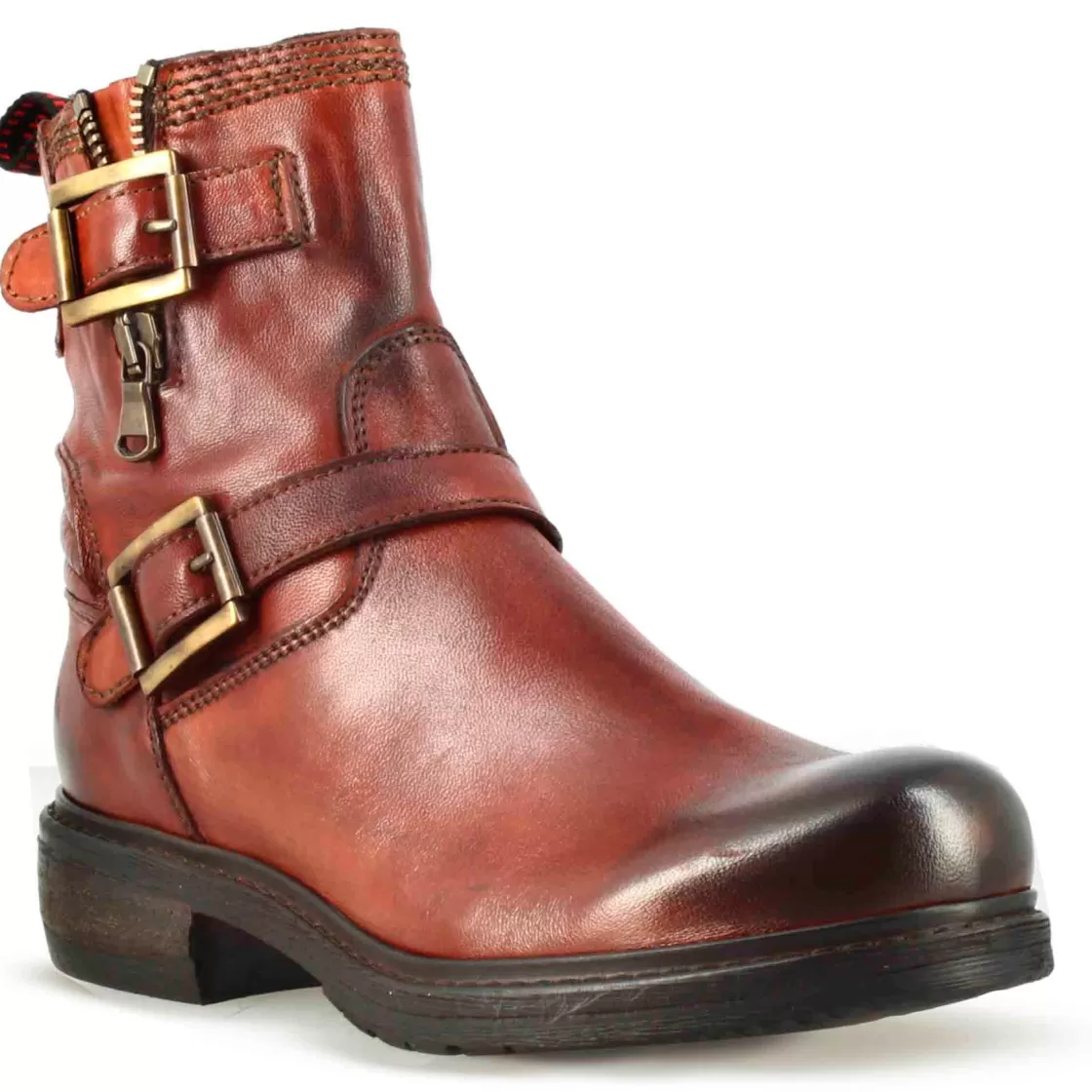 Sale Leonardo Shoes Stivaletto Da Donna Con Doppia Fibbia In Vera Pelle Colore Rosso