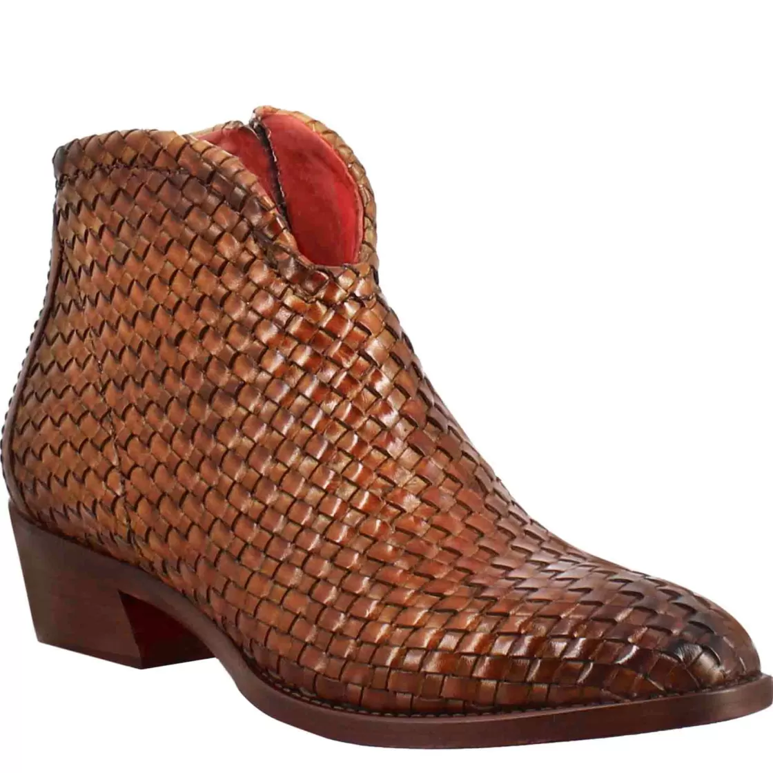 New Leonardo Shoes Stivaletto Da Donna Con Tacco Medio In Pelle Intrecciata Colore Chiaro Marrone
