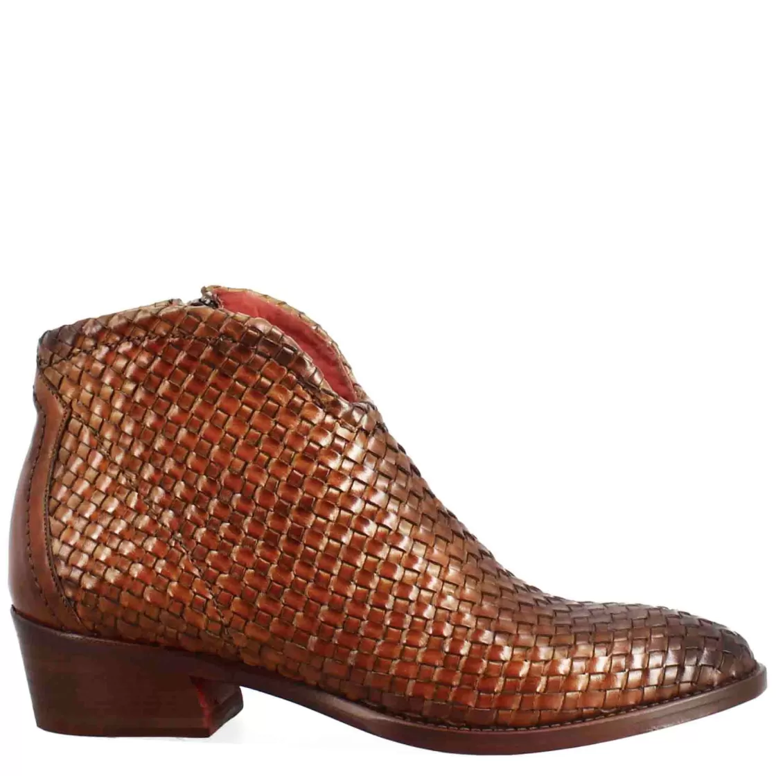 New Leonardo Shoes Stivaletto Da Donna Con Tacco Medio In Pelle Intrecciata Colore Chiaro Marrone