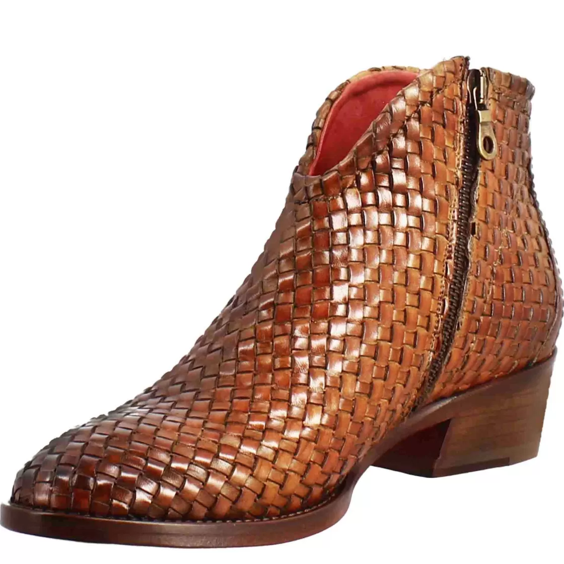 New Leonardo Shoes Stivaletto Da Donna Con Tacco Medio In Pelle Intrecciata Colore Chiaro Marrone