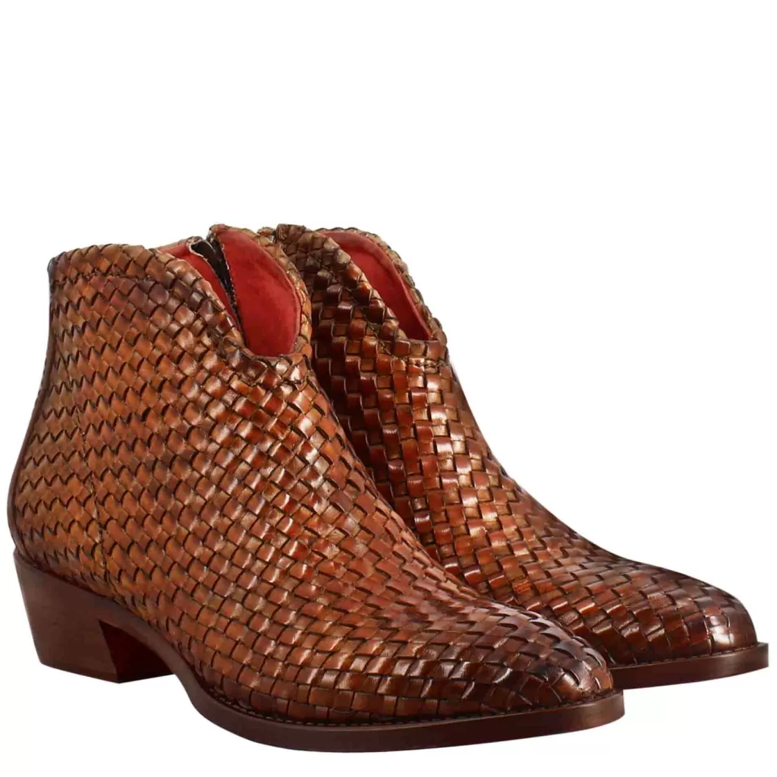 New Leonardo Shoes Stivaletto Da Donna Con Tacco Medio In Pelle Intrecciata Colore Chiaro Marrone