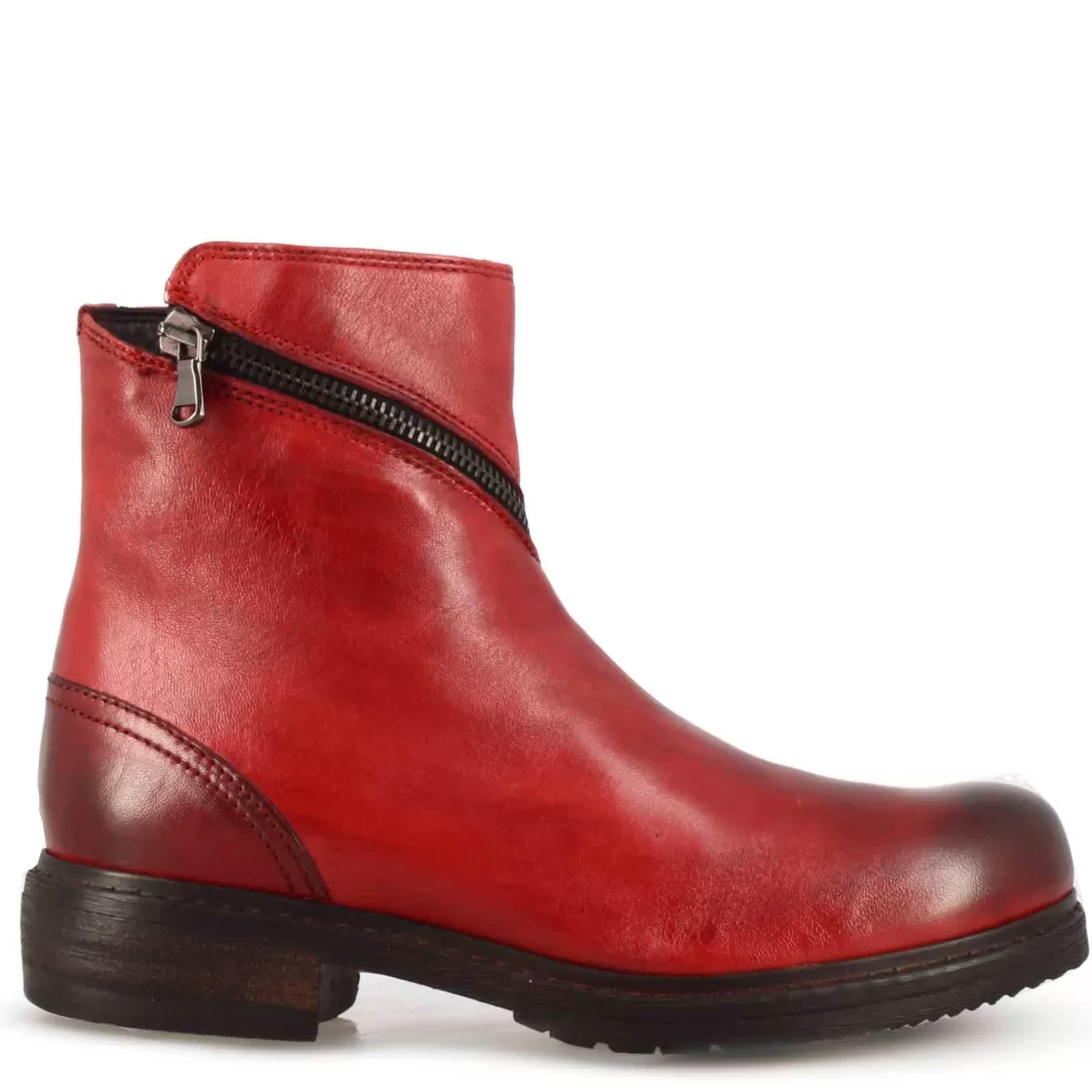 Sale Leonardo Shoes Stivaletto Da Donna In Pelle Colore Con Cerniera Asimmetrica Rosso