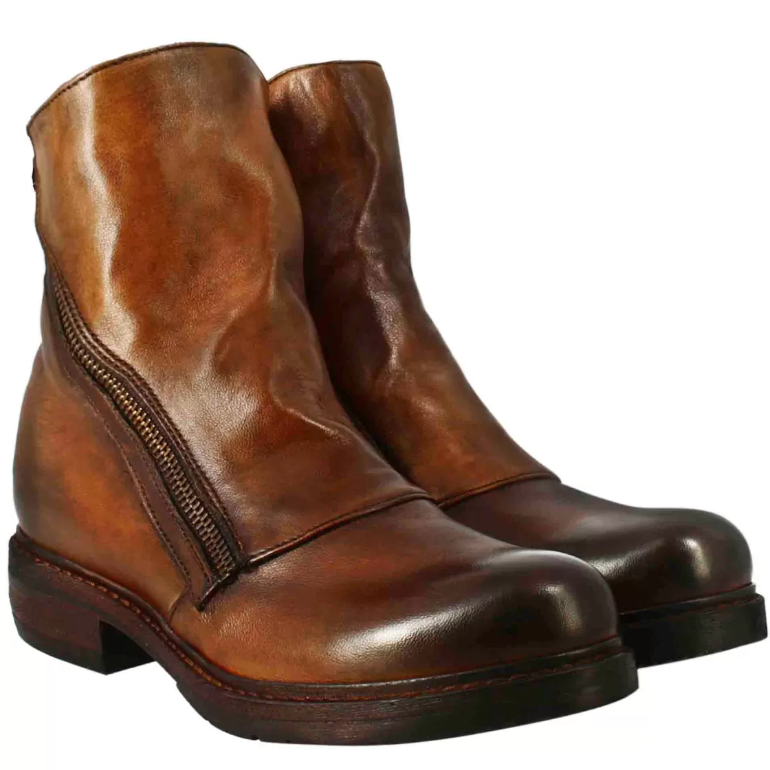 Best Sale Leonardo Shoes Stivaletto Da Donna In Pelle Lavata Colore Cuoio Scuro Con Doppia Zip Marrone
