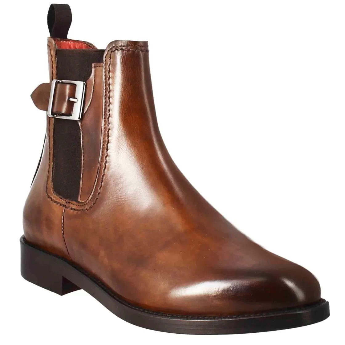 Outlet Leonardo Shoes Stivaletto Da Donna Liscio Con Tacco Basso In Pelle Liscia Colore Chiaro Con Fibbia Laterale Marrone