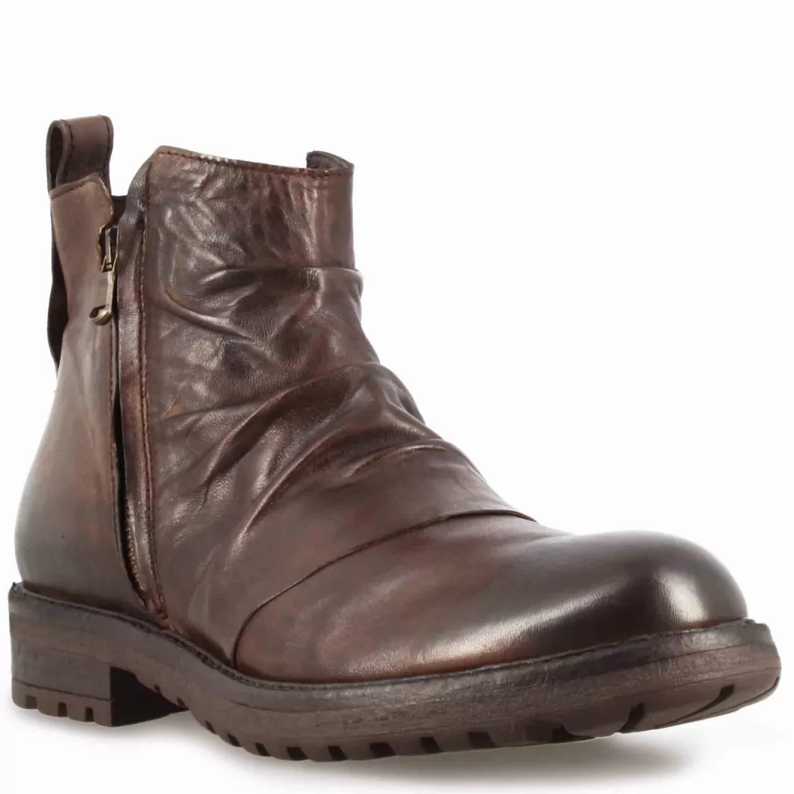 Store Leonardo Shoes Stivaletto Da Uomo Con Arricciatura In Pelle Colore Marrone Scuro