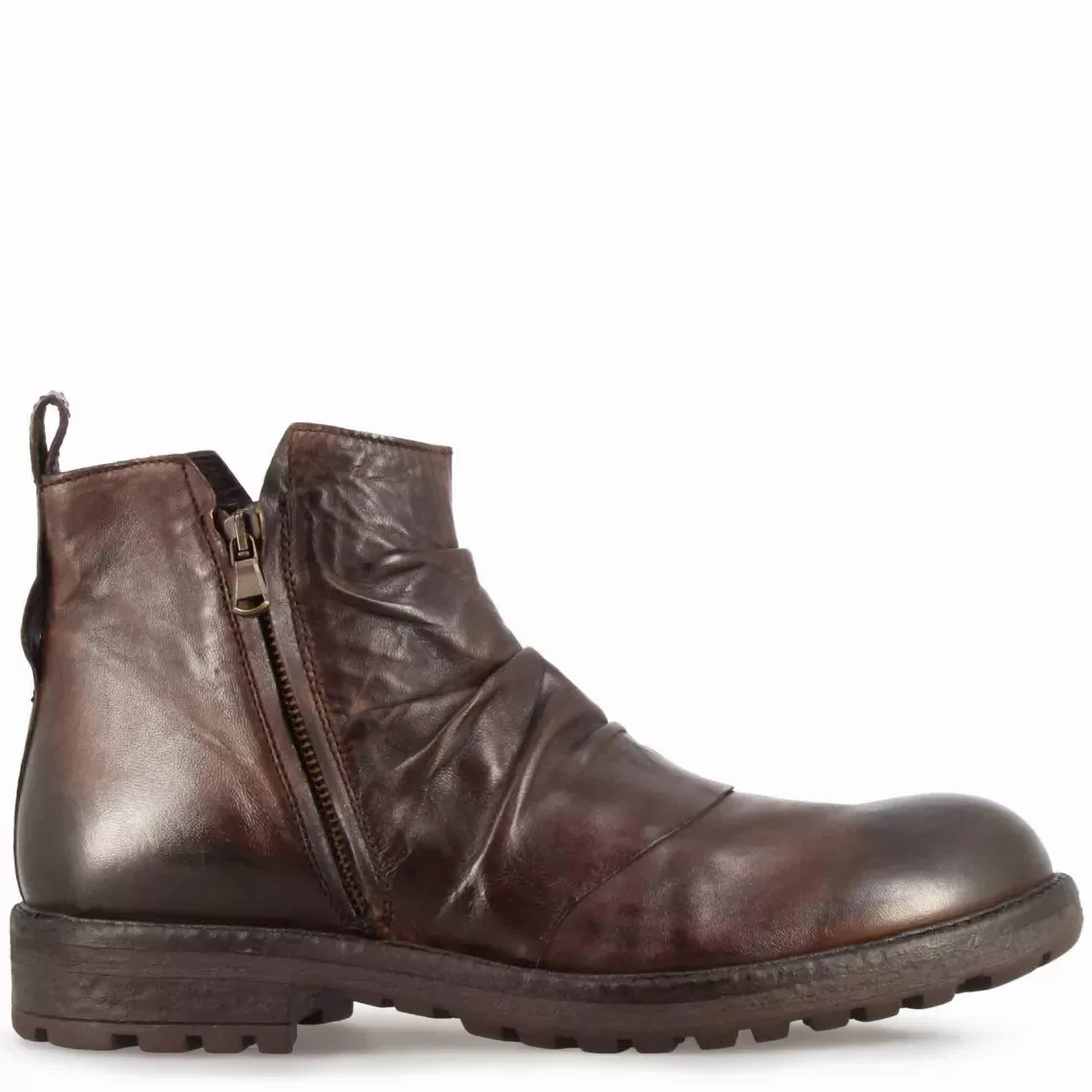Store Leonardo Shoes Stivaletto Da Uomo Con Arricciatura In Pelle Colore Marrone Scuro