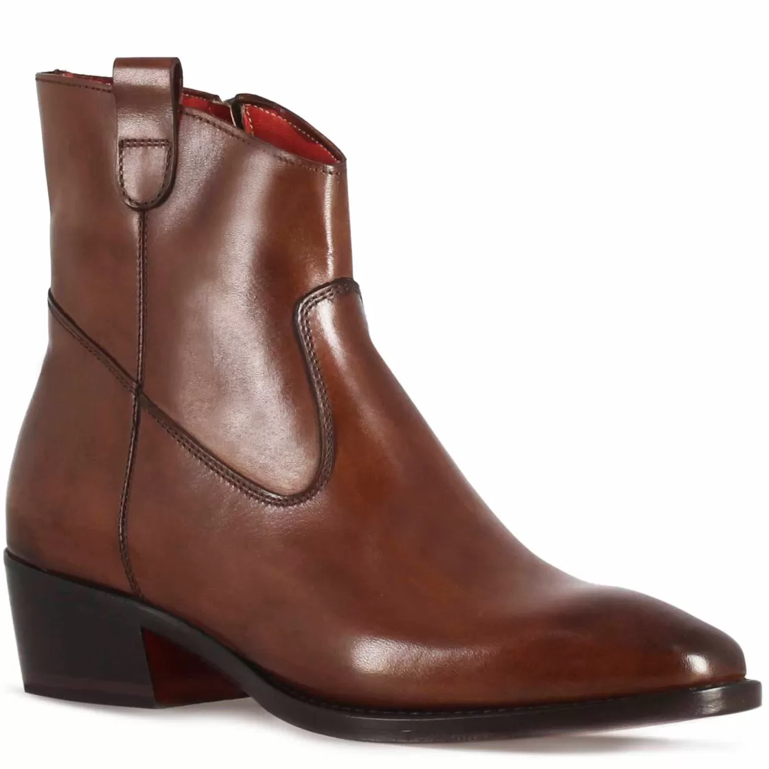 Sale Leonardo Shoes Stivaletto Sopra Alla Caviglia Stile Texano Da Donna In Pelle Colore Marrone