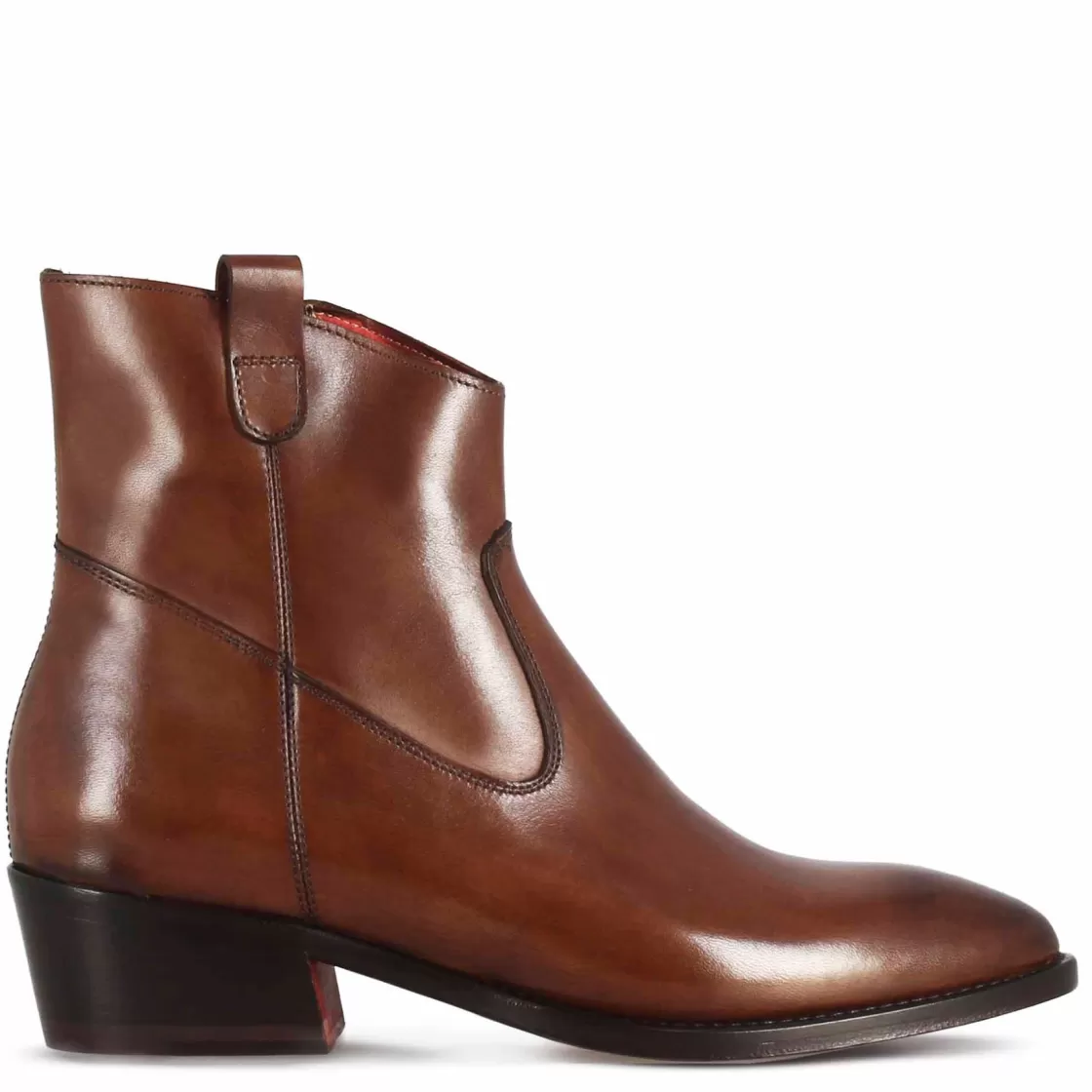 Sale Leonardo Shoes Stivaletto Sopra Alla Caviglia Stile Texano Da Donna In Pelle Colore Marrone