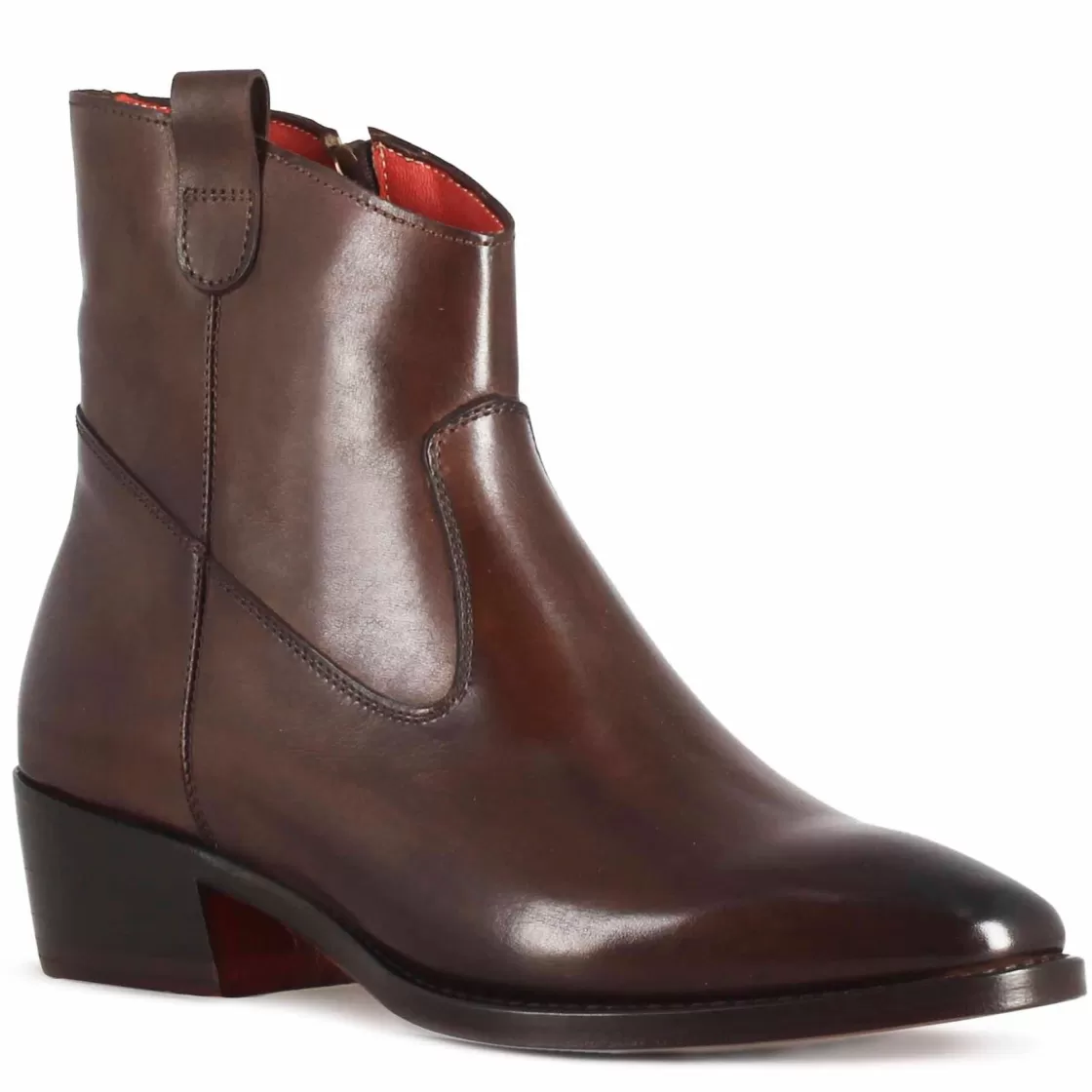New Leonardo Shoes Stivaletto Sopra Alla Caviglia Stile Texano Da Donna In Pelle Colore Marrone Scuro