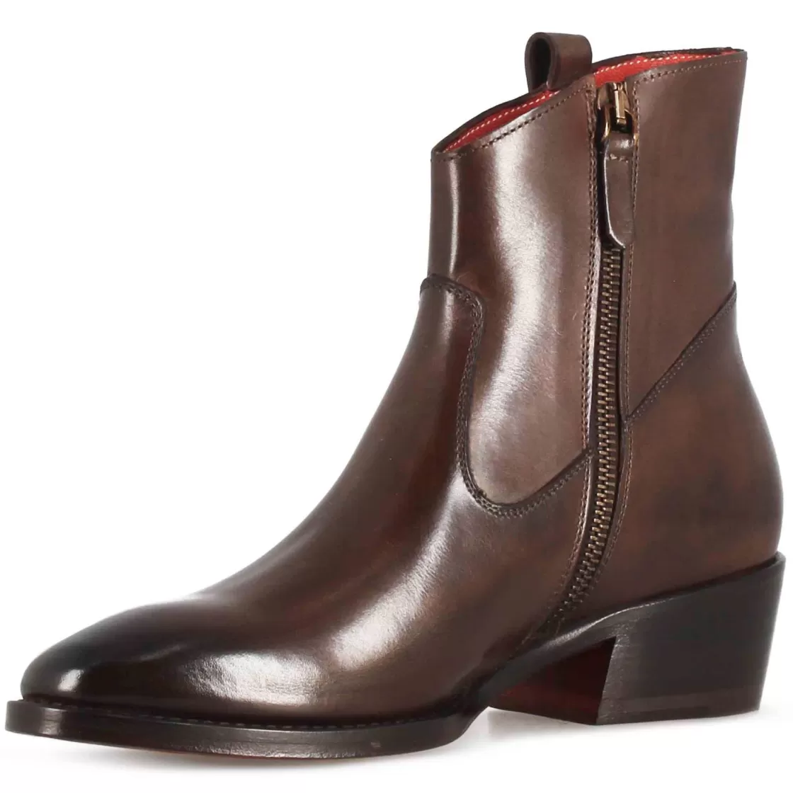New Leonardo Shoes Stivaletto Sopra Alla Caviglia Stile Texano Da Donna In Pelle Colore Marrone Scuro