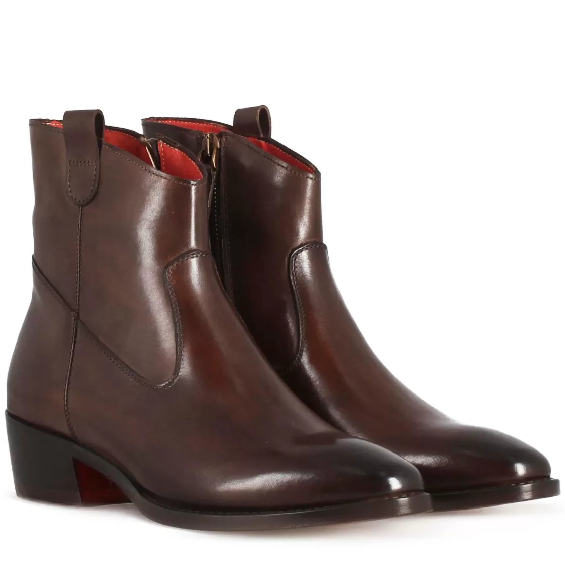 New Leonardo Shoes Stivaletto Sopra Alla Caviglia Stile Texano Da Donna In Pelle Colore Marrone Scuro