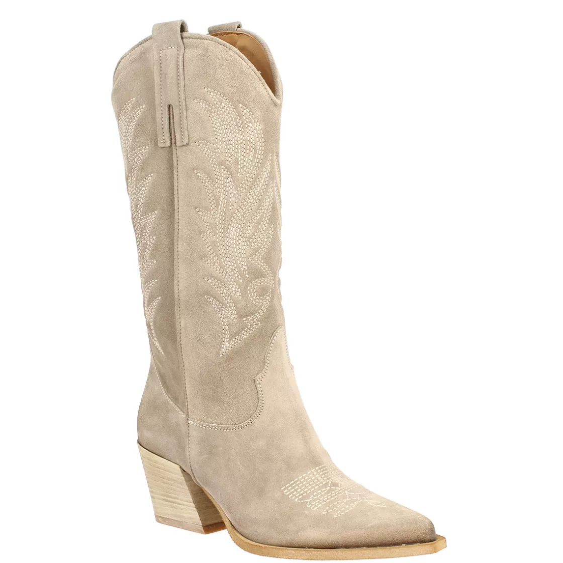 Cheap Leonardo Shoes Stivaletto Texano Da Donna In Camoscio Color Ardesia Con Ricamo. Beige