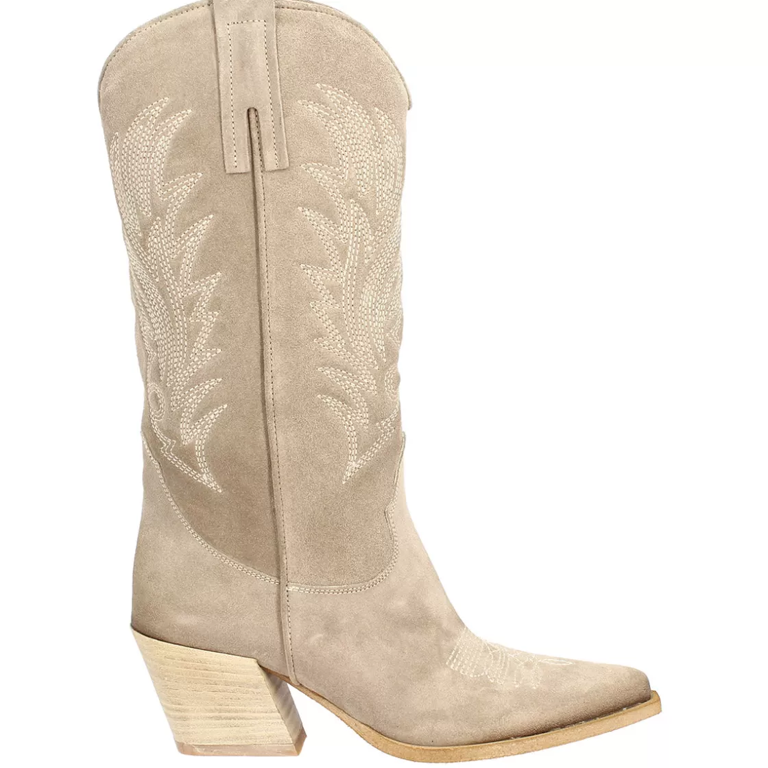 Cheap Leonardo Shoes Stivaletto Texano Da Donna In Camoscio Color Ardesia Con Ricamo. Beige