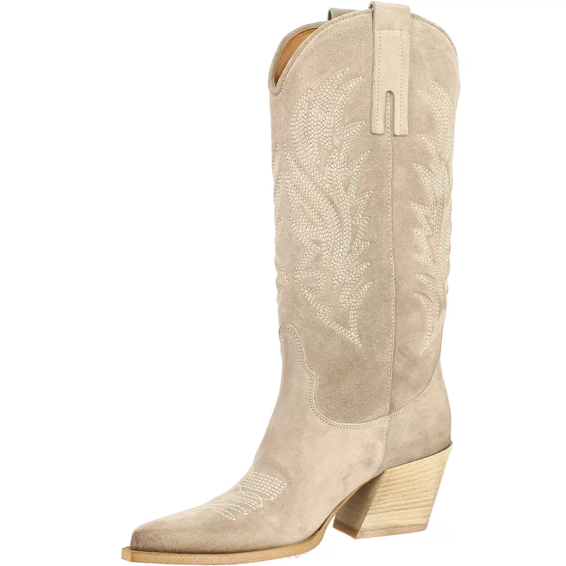 Cheap Leonardo Shoes Stivaletto Texano Da Donna In Camoscio Color Ardesia Con Ricamo. Beige